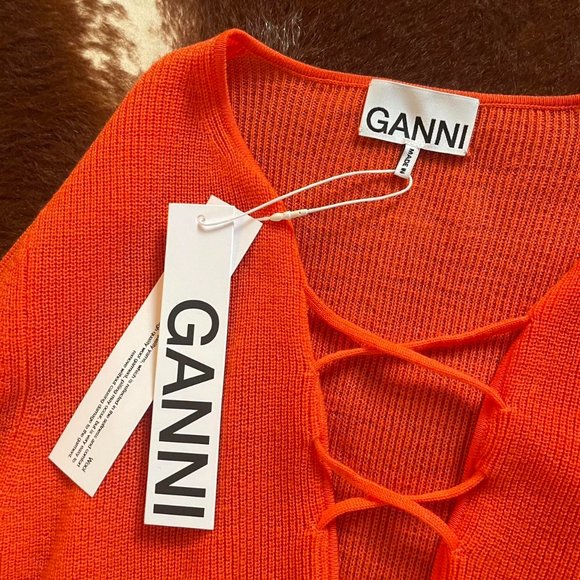 Ganni Knit Orange Peasant Lace Front Wool Dress - Picture 5 of 5